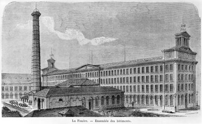 19世紀後半にエドワードエザリントン（fl.1860）によって彫刻された、ジュリアンターガンの「Les Grandes Usines」のイラスト「ラフードル」綿工場 作： Auguste Bertrand